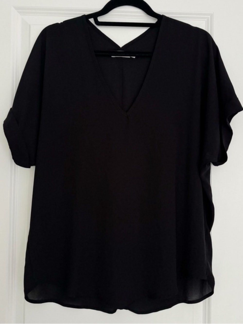 Lush Black V-Neck Blouse, Short Flutter Sleeves, Lightweight, Size 1X